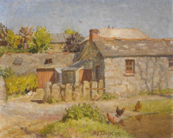 FARM BUILDINGS WITH HENS BY A POND by Mary Duncan (1885-1964) (1885-1964) at Whyte's Auctions