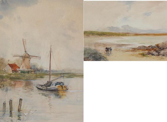 FIGURE WITH DONKEY ON STRAND and RIVER LANDSCAPE WITH SAILBOAT AND WINDMILL (A PAIR) by William Bingham McGuinness RHA (1849-1928) RHA (1849-1928) at Whyte's Auctions