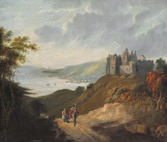 A SOLDIER AND WOMAN ON A HILLTOP PASS, WITH CASTLE RUINS ABOVE AND A COASTAL TOWN AND FLEET BEYOND at Whyte's Auctions
