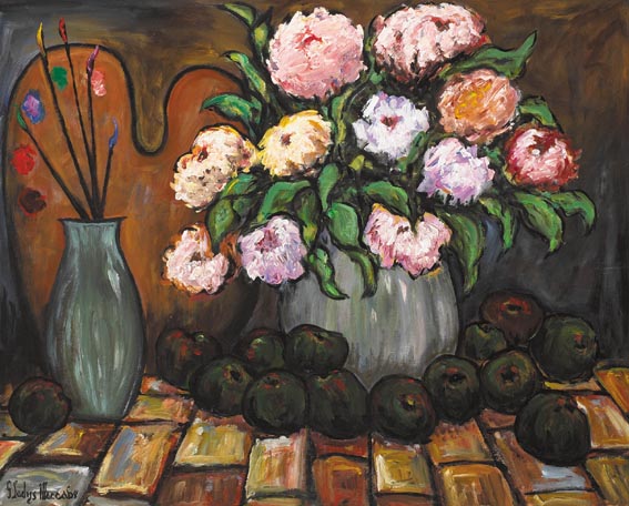 STILL LIFE WITH CRYSANTHEMUMS, FRUIT AND PALETTE by Gladys Maccabe MBE HRUA ROI FRSA (1918-2018) at Whyte's Auctions