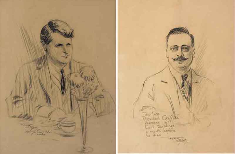 MICHAEL COLLINS IN THE JERMYN COURT HOTEL, LONDON and THE LATE PRESIDENT GRIFFITH SKETCHED IN GOVERNMENT BUILDINGS A MONTH BEFORE HE DIED, 1921 (A PAIR) by Frank Leah (1886-1972) at Whyte's Auctions