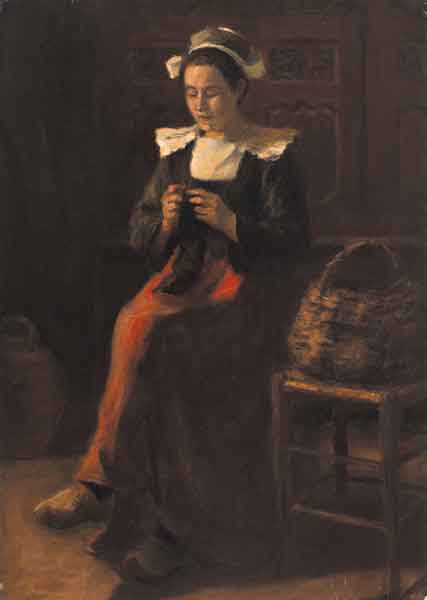 BRETON WOMAN SEATED IN INTERIOR, KNITTING by Aloysius C. O’Kelly sold for €19,000 at Whyte's Auctions