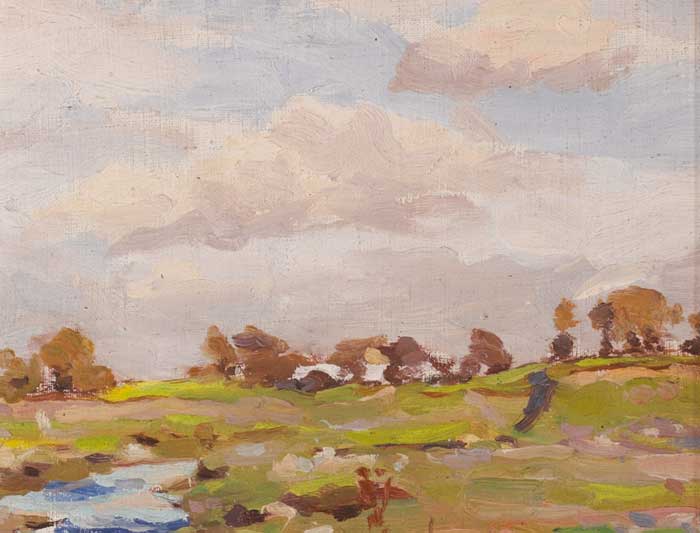COTTAGE AND RIVER FLATS, NEAR DUBLIN by Michael Healy (1873-1941) at Whyte's Auctions