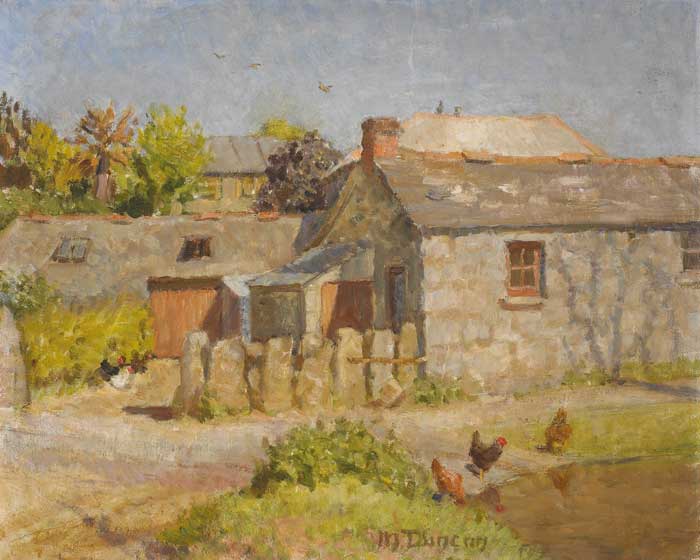 FARM BUILDINGS WITH HENS BY A POND by Mary Duncan sold for �1,000 at Whyte's Auctions