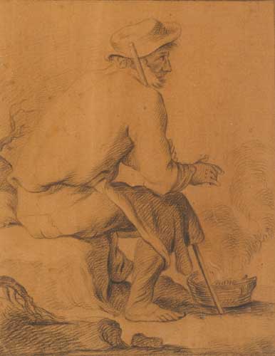 A SEATED MAN RESTING AGAINST A STICK AND WARMING HIS HANDS at Whyte's Auctions