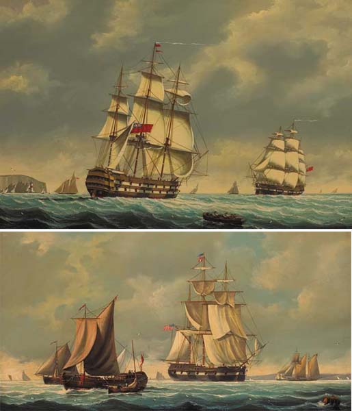 A MAN OF WAR AND OTHER SHIPPING PASSING THE NEEDLES, ISLE OF WIGHT and COASTAL SCENE WITH AMERICAN MAN OF WAR AND OTHER SHIPS (A PAIR) by Salvatore Colacicco (Italian, b.1935) at Whyte's Auctions