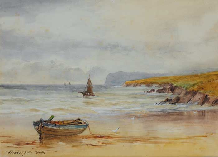 COASTAL SCENE WITH ROW-BOAT ON STRAND by William Bingham McGuinness RHA (1849-1928) RHA (1849-1928) at Whyte's Auctions