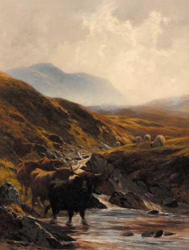 HIGHLAND CATTLE AND SHEEP BY A MOUNTAIN STREAM by Alfred Grey sold for �2,000 at Whyte's Auctions