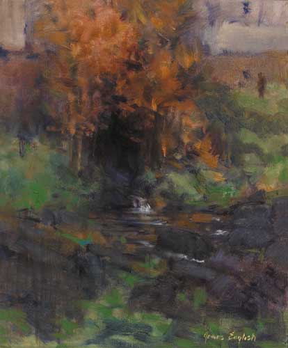 VIEW OF A RIVER WITH WATERFALL AND TREES IN AUTUMN FOLIAGE by James English RHA (b.1946) at Whyte's Auctions