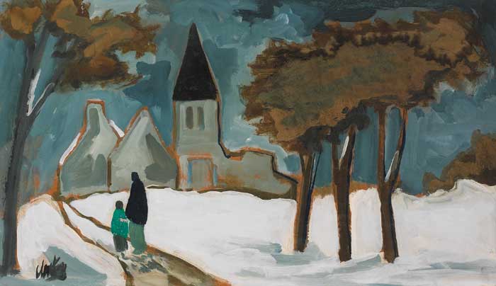 WOMAN AND CHILD ON SNOW-COVERED PATHWAY by Markey Robinson (1918-1999) at Whyte's Auctions
