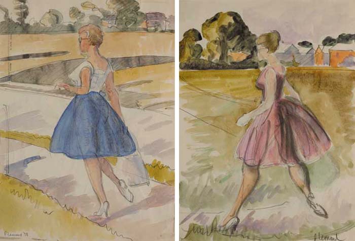 STUDIES: WOMAN IN BLUE SKIRT, 1958 and WOMAN IN PINK DRESS (A PAIR) by Patrick Leonard HRHA (1918-2005) at Whyte's Auctions