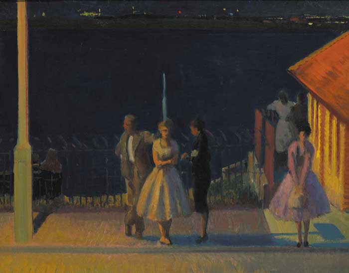 WAITING AT DOLLYMOUNT BUS SHELTER, EVENING by Patrick Leonard HRHA (1918-2005) at Whyte's Auctions
