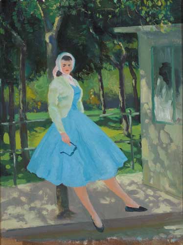 WOMAN IN A BLUE DRESS LEANING BY A TREE, circa 1960s by Patrick Leonard HRHA (1918-2005) at Whyte's Auctions