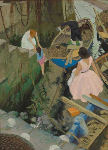 WOMAN, CHILDREN AND FISHERMAN AT THE STEPS OF LOUGHSHINNEY HARBOUR by Patrick Leonard HRHA (1918-2005) at Whyte's Auctions