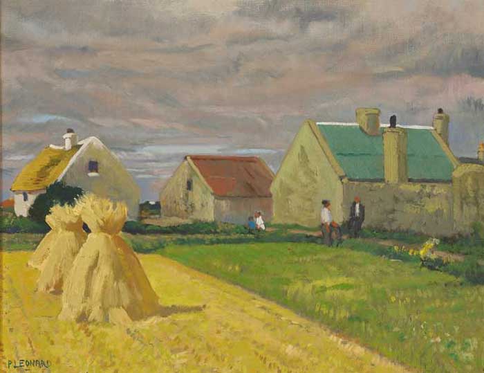 CORN STOOKS AND COTTAGES AT RUSH by Patrick Leonard HRHA (1918-2005) at Whyte's Auctions