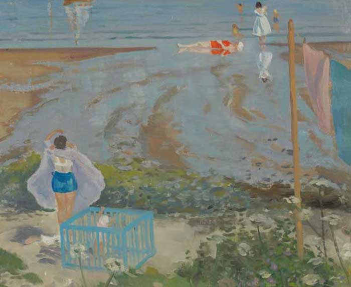 WOMEN AND CHILDREN BATHING, WITH CHILD IN A PLAY-PEN IN THE FOREGROUND by Patrick Leonard HRHA (1918-2005) at Whyte's Auctions