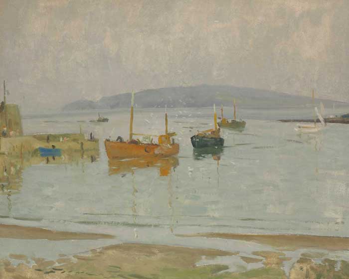 FISHING BOATS AND GULLS AT RUSH by Patrick Leonard HRHA (1918-2005) at Whyte's Auctions