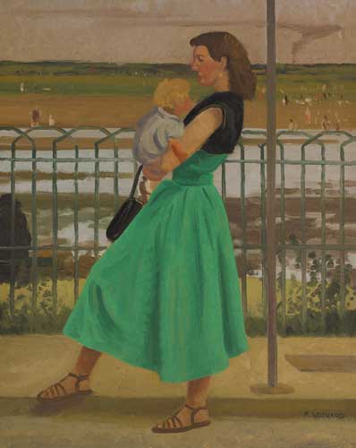 WOMAN IN A GREEN DRESS CARRYING A CHILD BY THE SEA by Patrick Leonard HRHA (1918-2005) at Whyte's Auctions