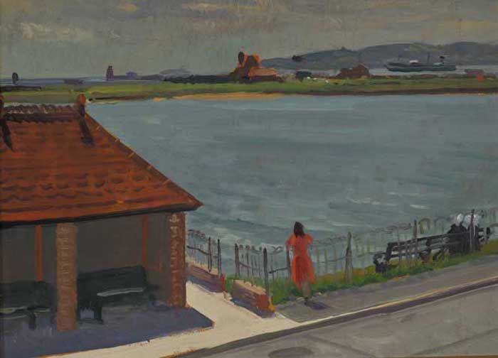 DOLLYMOUNT BUS SHELTER WITH BOAT IN DISTANCE by Patrick Leonard HRHA (1918-2005) at Whyte's Auctions