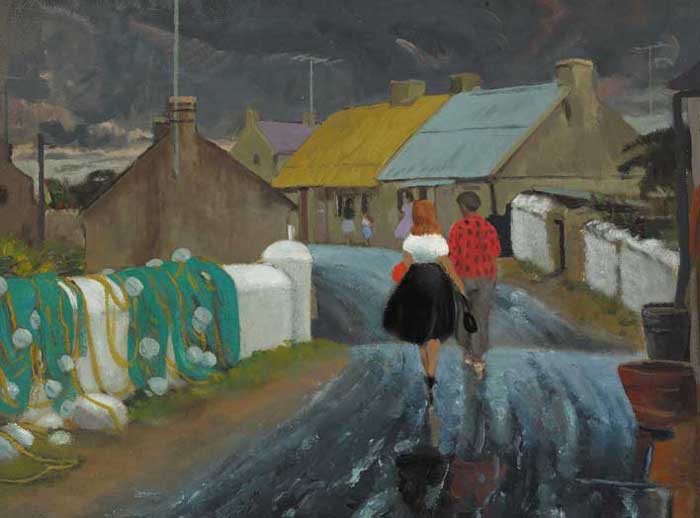 COUPLE WALKING DOWN A VILLAGE STREET AFTER RAIN by Patrick Leonard HRHA (1918-2005) at Whyte's Auctions