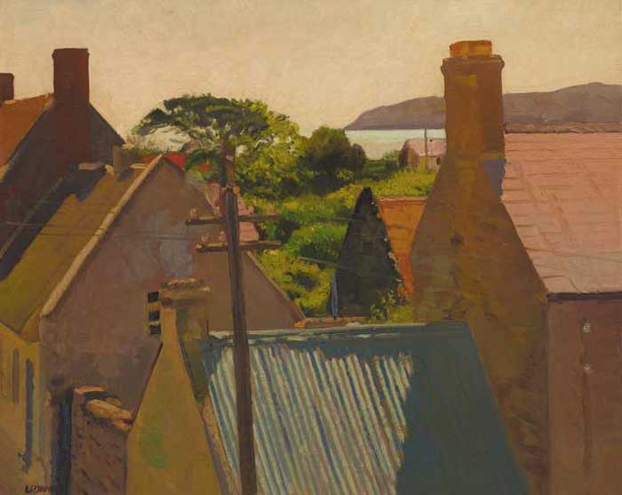 ROOFTOPS AND BACK GARDENS LOOKING OUT TO SEA, circa 1950s by Patrick Leonard HRHA (1918-2005) at Whyte's Auctions