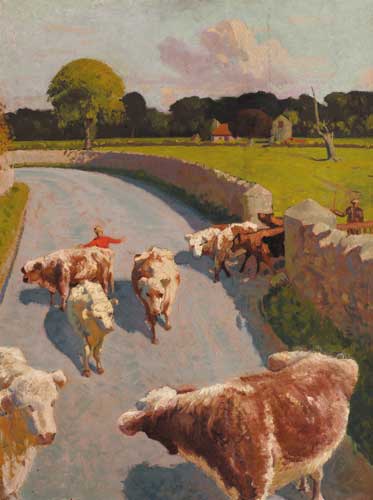HERDING CATTLE ONTO A ROAD by Patrick Leonard HRHA (1918-2005) at Whyte's Auctions
