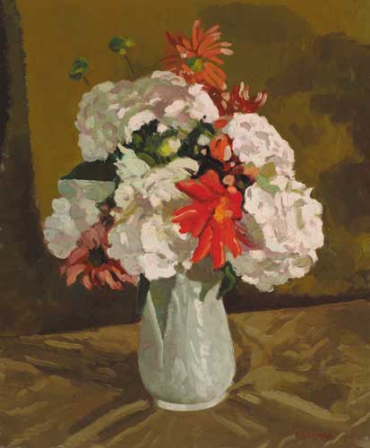 FLOWERS IN A VASE (HYDRANGEA AND DAHLIAS), circa 1949 by Patrick Leonard HRHA (1918-2005) at Whyte's Auctions