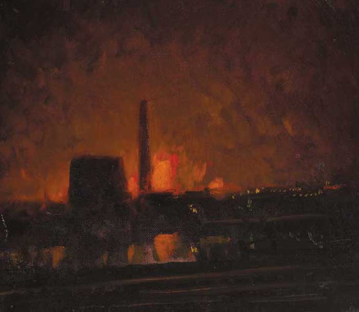 NIGHT FIRE AT DOLLYMOUNT by Patrick Leonard HRHA (1918-2005) at Whyte's Auctions