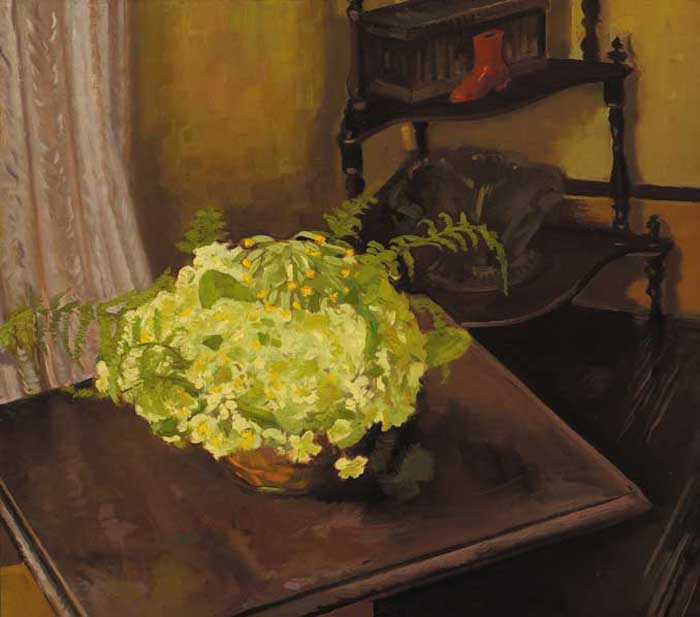 INTERIOR WITH BOWL OF PRIMROSES by Patrick Leonard HRHA (1918-2005) at Whyte's Auctions