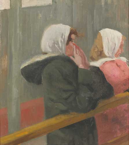 TWO WOMEN AT MASS by Patrick Leonard HRHA (1918-2005) at Whyte's Auctions