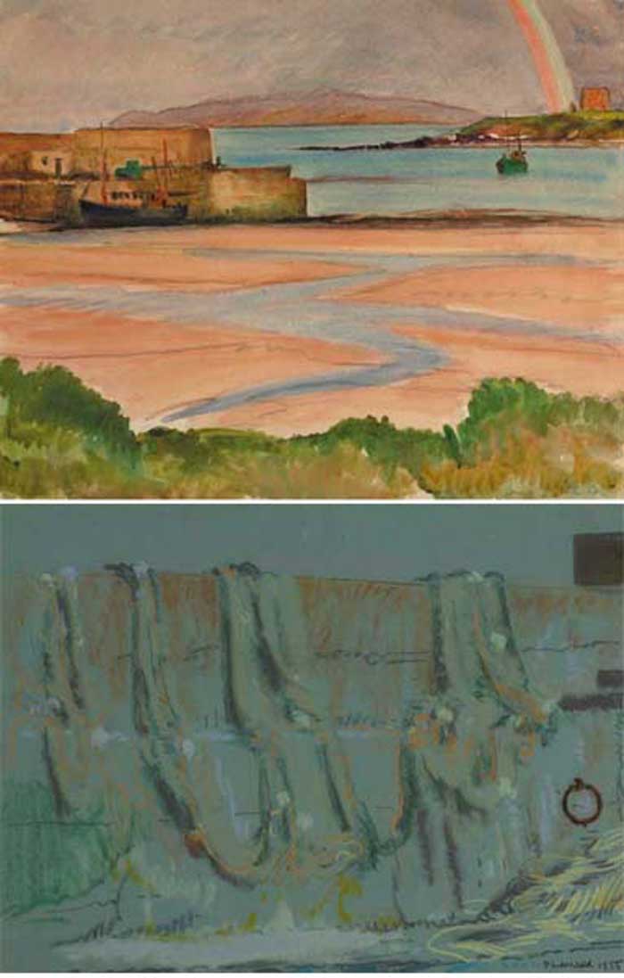 RAINBOW OVER LOUGHSHINNY, 1952 and DRYING FISHING NETS, 1955 (A PAIR) by Patrick Leonard HRHA (1918-2005) at Whyte's Auctions
