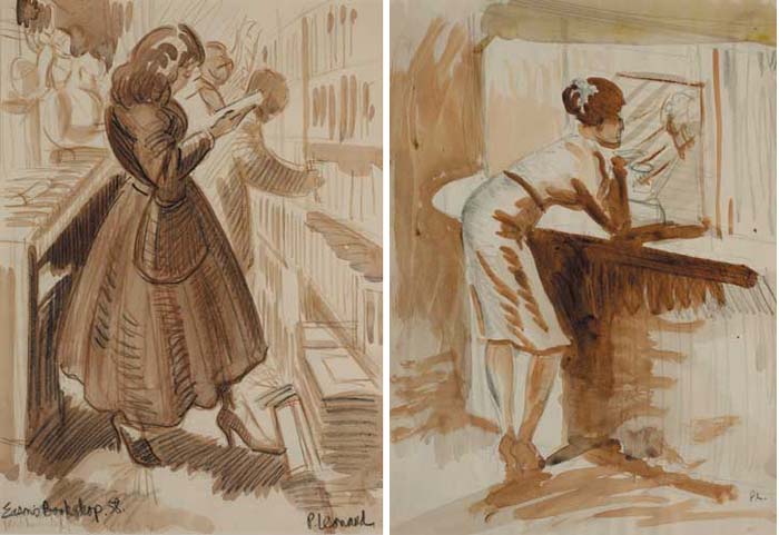 EASON'S BOOKSHOP, 1958 and WOMAN LEANING AGAINST A COUNTER (A PAIR) by Patrick Leonard HRHA (1918-2005) at Whyte's Auctions
