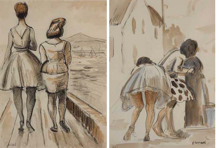 WOMEN WALKING ALONG A PIER and WOMEN AT THE VILLAGE PUMP (A PAIR) by Patrick Leonard HRHA (1918-2005) at Whyte's Auctions