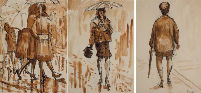 STUDIES: WOMEN WITH UMBRELLAS (SET OF THREE) by Patrick Leonard HRHA (1918-2005) at Whyte's Auctions