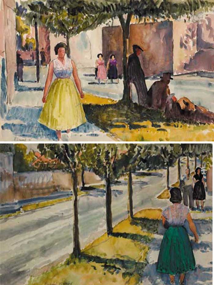 FIGURES IN A STREET IN WEXFORD, 1955 (A PAIR) by Patrick Leonard HRHA (1918-2005) at Whyte's Auctions