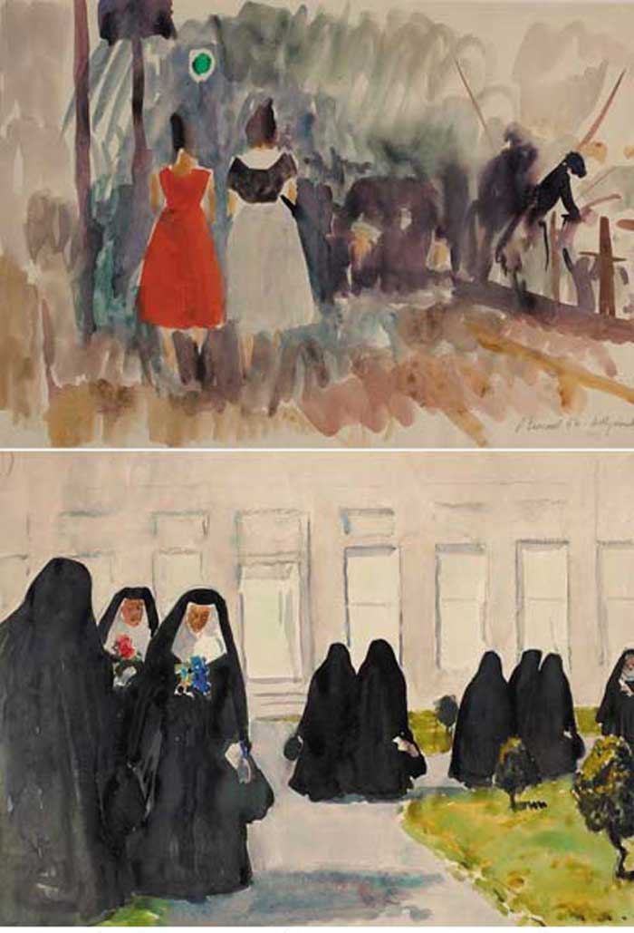 WOMEN AND FISHERMEN ON DOLLYMOUNT PIER, 1954 and NUNS IN A GARDEN, 1955 (A PAIR) by Patrick Leonard HRHA (1918-2005) at Whyte's Auctions