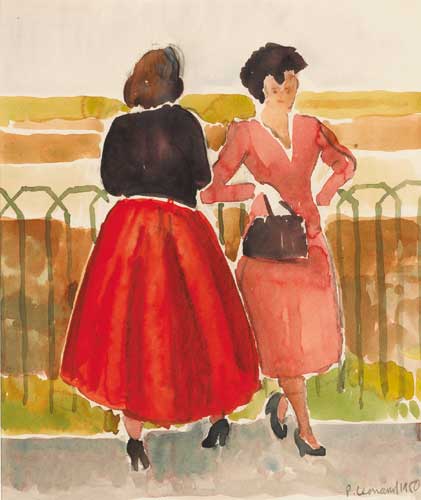 STUDIES: TWO WOMEN AT DOLLYMOUNT BUS STOP, 1950, WOMEN ON DOLLYMOUNT STRAND, 1950, and TWO FIGURES BEFORE FENCE RAILINGS, 1955 (SET OF THREE) by Patrick Leonard HRHA (1918-2005) at Whyte's Auctions