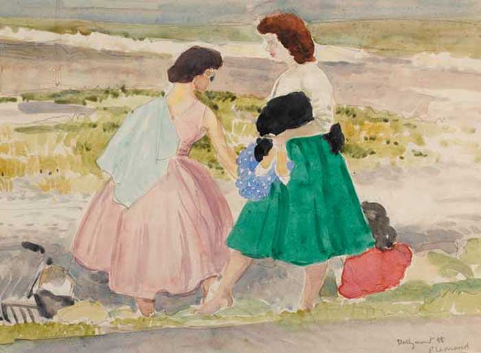 WOMEN ON DOLLYMOUNT STRAND, 1958, and COUPLE LOOKING OUT OVER WATER AT WEXFORD, 1953 (A PAIR) by Patrick Leonard HRHA (1918-2005) HRHA (1918-2005) at Whyte's Auctions
