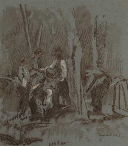 WORKMEN ON LAMBAY ISLAND, 1943, WOODLAND WITH UPROOTED TREES ON LAMBAY, and STUDY OF SLAUGHTERED FOWL (SET OF THREE) by Patrick Leonard HRHA (1918-2005) HRHA (1918-2005) at Whyte's Auctions