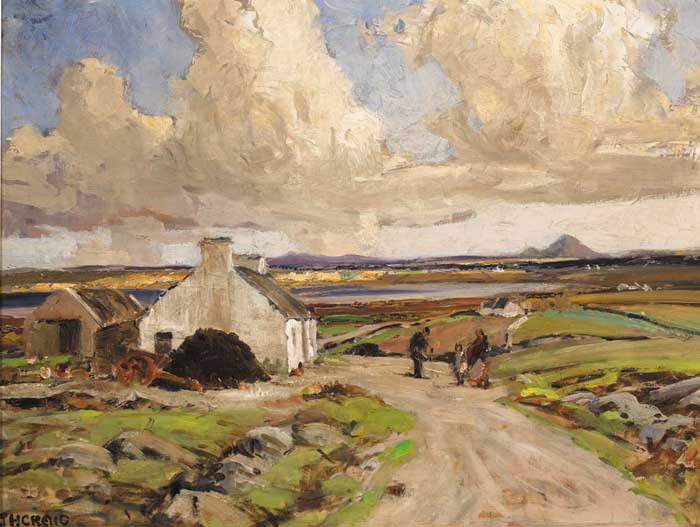 FIGURES ON A PATH BEFORE A COTTAGE, BAY AND MOUNTAINS BEYOND by James Humbert Craig sold for �12,000 at Whyte's Auctions