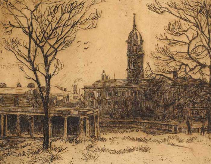 THE ROTUNDA HOSPITAL, DUBLIN, 1928; PORTMARNOCK; OLD CLOTHES SHOP NEAR CHRISTCHURCH; COLLECTING KINDLING and IN AN ORCHARD, 1916 (SET OF FIVE) by Estella Frances Solomons HRHA (1882-1968) HRHA (1882-1968) at Whyte's Auctions