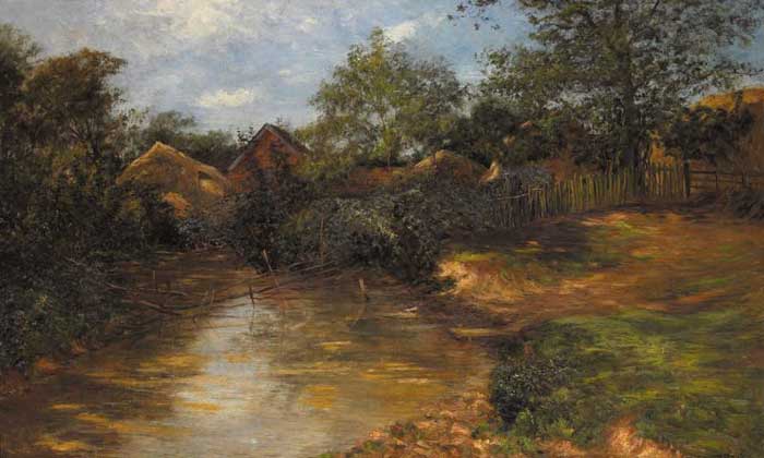 A STREAM WITH HAYSTACKS AND FARM BUILDINGS BEYOND by Rose J. Leigh (1844-1920) (1844-1920) at Whyte's Auctions