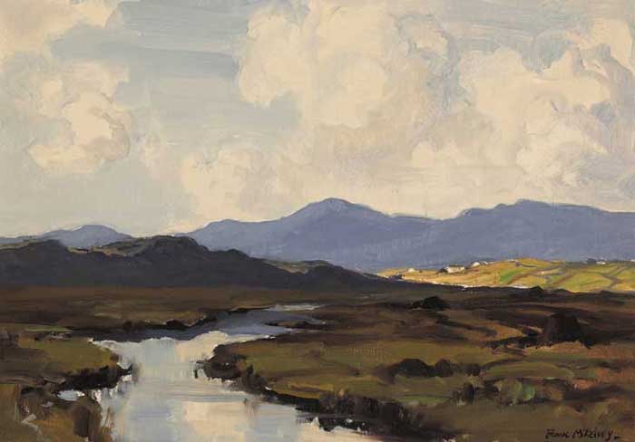A BOGLAND RIVER WITH COTTAGES AND HILLS IN DISTANCE by Frank McKelvey RHA RUA (1895-1974) at Whyte's Auctions