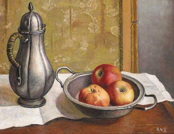 PEWTER, APPLES AND OLD SILK SCREEN, 1989 by Hilda van Stockum HRHA (1908�2006) at Whyte's Auctions