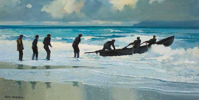 LAUNCHING THE CURRACH, ACHILL SOUND, 1986 by John Skelton (b.1923) (b.1923) at Whyte's Auctions