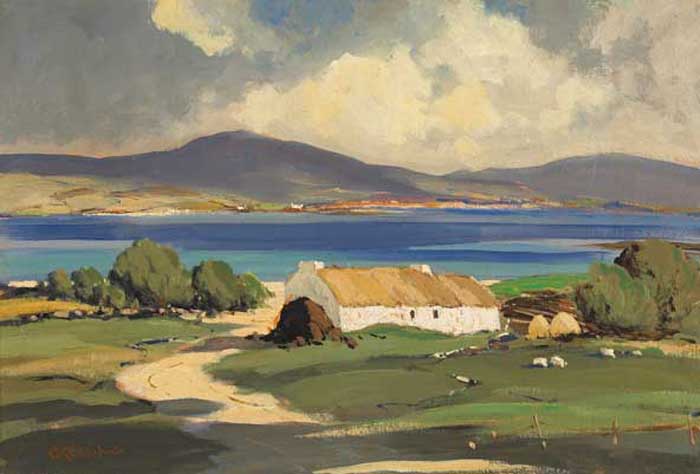 THATCHED FARMHOUSE BEFORE A BAY by George K. Gillespie RUA (1924-1995) at Whyte's Auctions