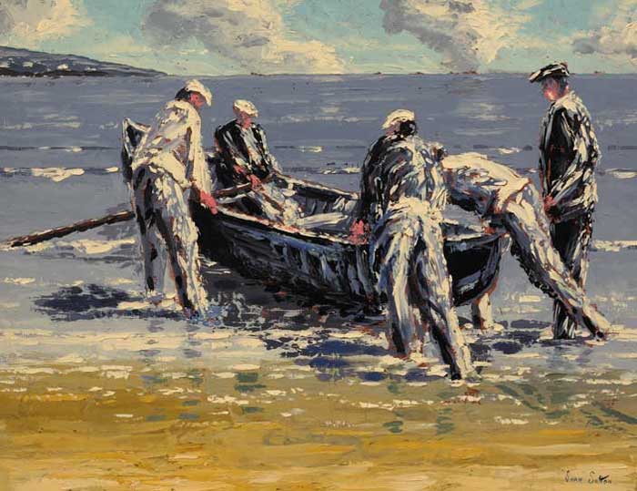 LAUNCHING THE CURRACH, ARAN MOR, COUNTY GALWAY by Ivan Sutton (b.1944) (b.1944) at Whyte's Auctions