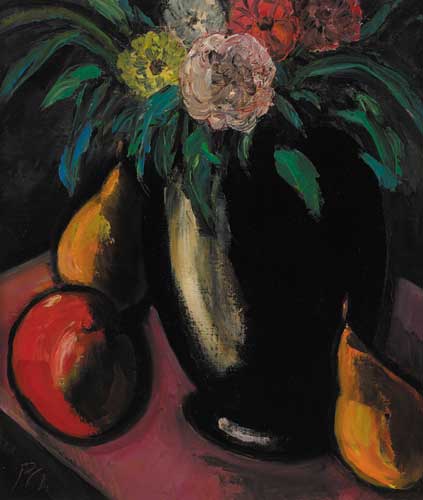 STILL LIFE WITH FLOWERS IN A BLACK VASE AND FRUIT by Peter Collis RHA (1929-2012) RHA (1929-2012) at Whyte's Auctions