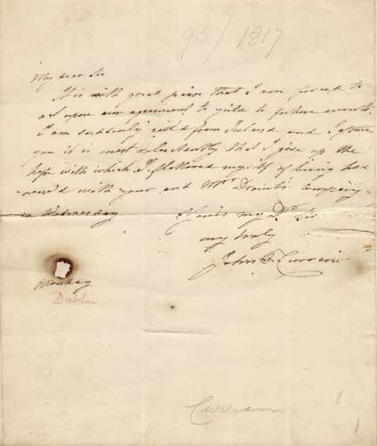 Autograph letter, undated, referring to being called away from Ireland reluctantly. by John Philpot Curran (1750-1817) at Whyte's Auctions