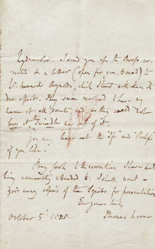 Autograph manuscript letter to his publisher, 5 October 1820. by Thomas Moore sold for 380 at Whyte's Auctions